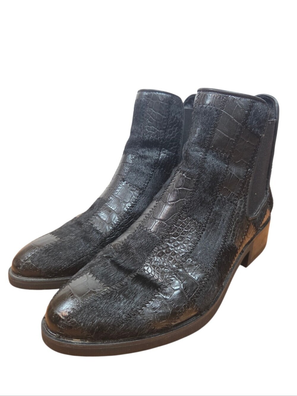Wishbone Black Leather Ankle Boots Croc Embossed Haircalf Women's Size 10 Boho